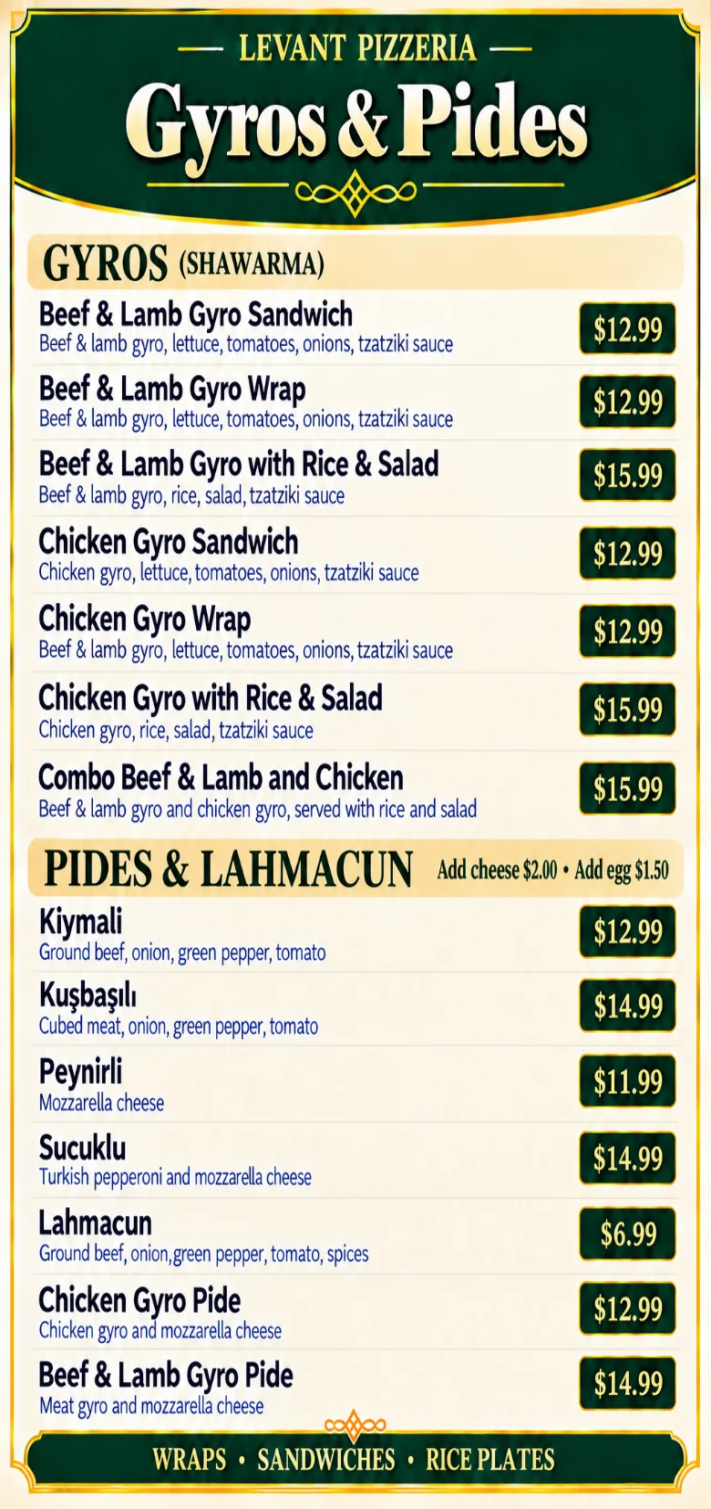 Gyros and pides menu page