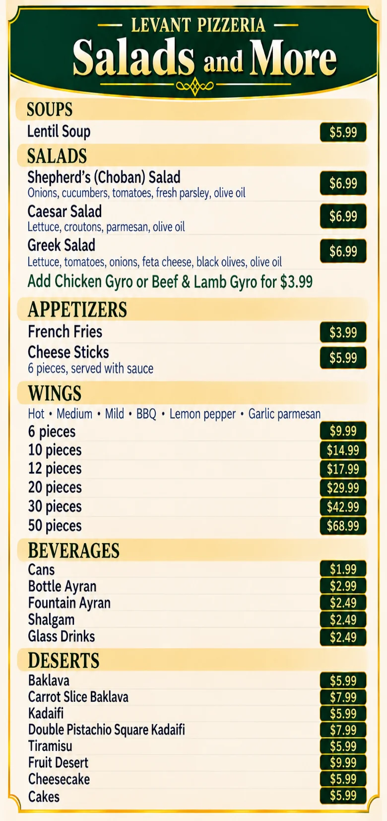 Salads and more menu page